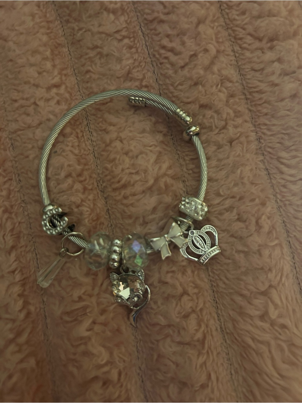 Silver-Tone Charm Bangle Bracelet with Clear Crystal Accents
